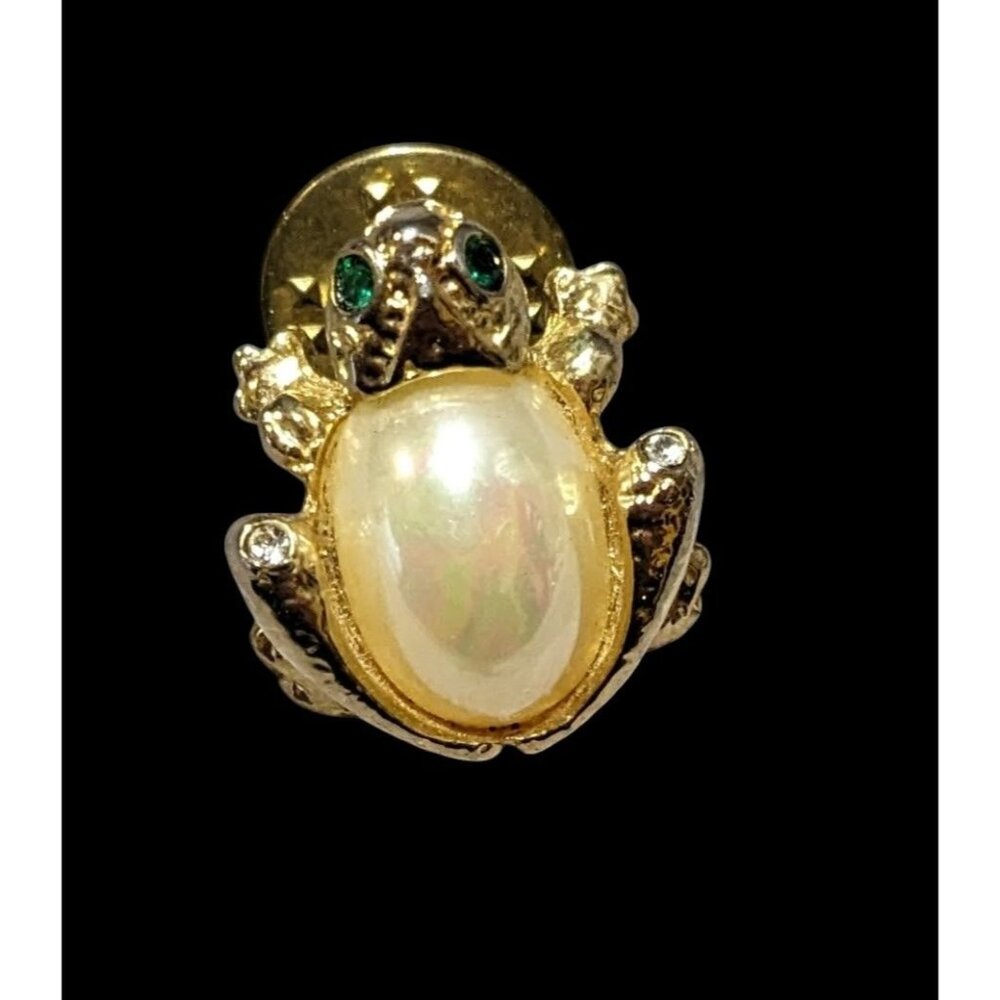 Vintage Gold Tone Faux Pearl Frog Lapel Pin - Picture 1 of 8